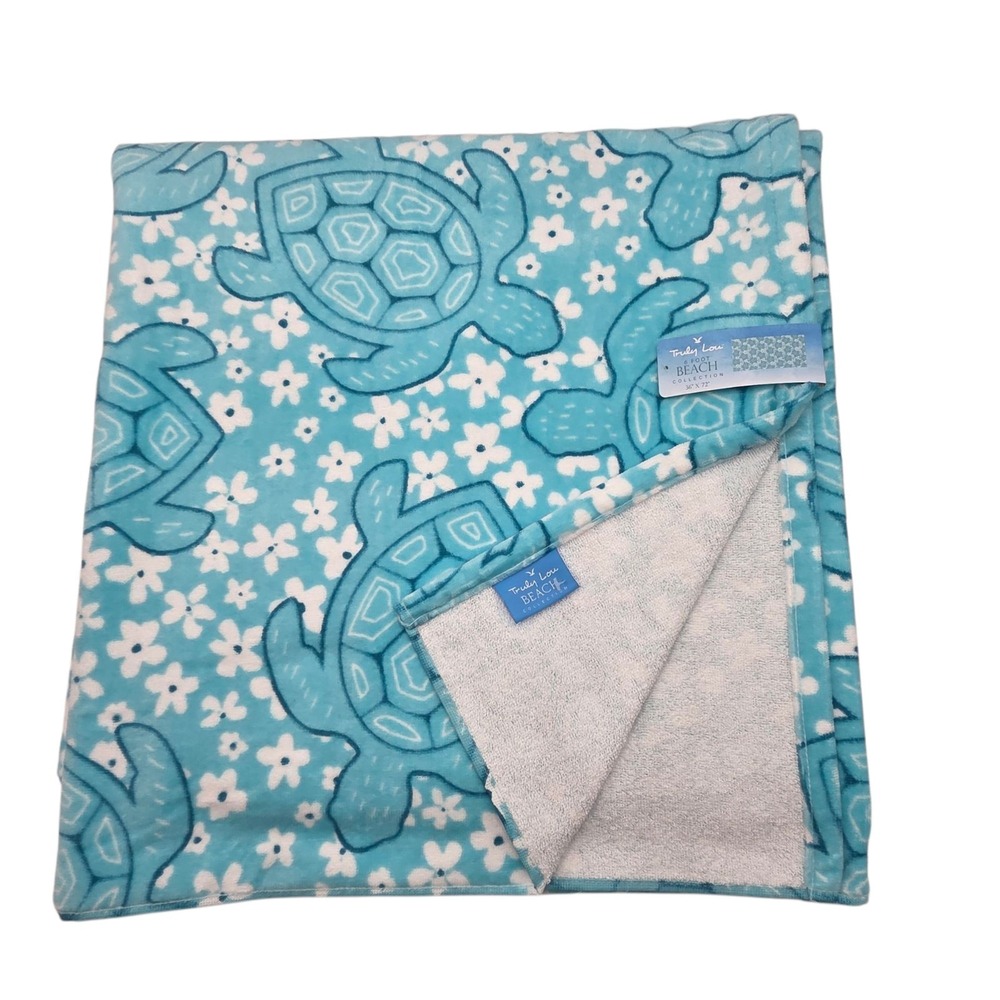 Truly Lou Oversize Beach Towel Sea Turtle Aqua Cotton Absorbent 36x72 Pool Spa
